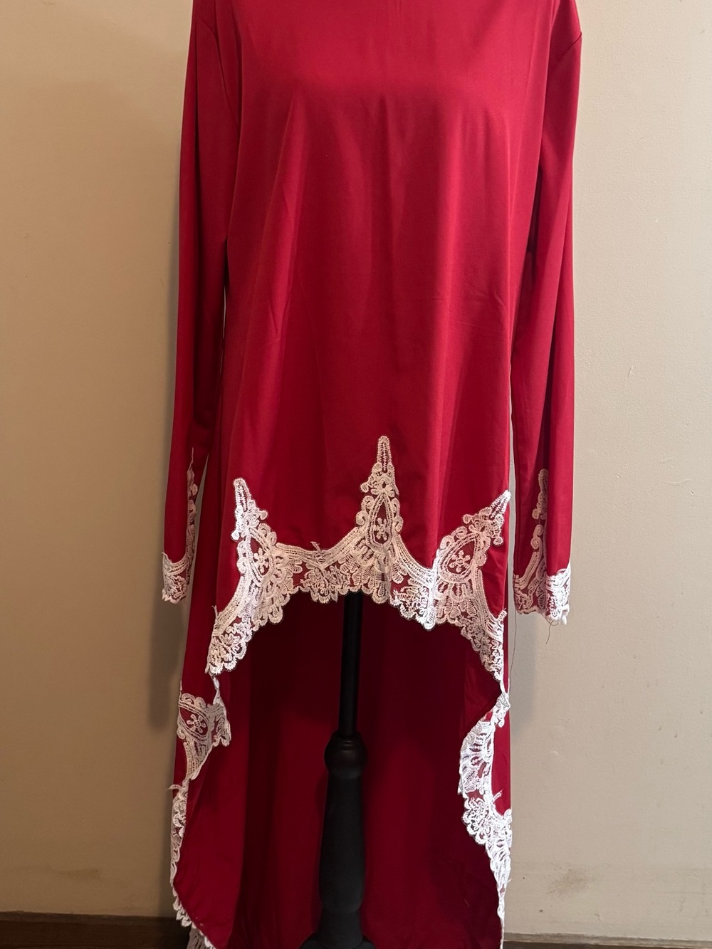 SHEIN Red High-Low Dress with White Lace Trim